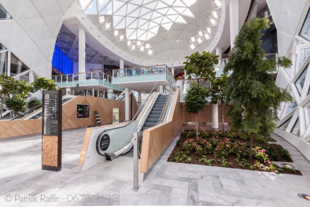 Extension du centre commercial de Vélizy II, d'une coupole en écailles de verre et métal perforé